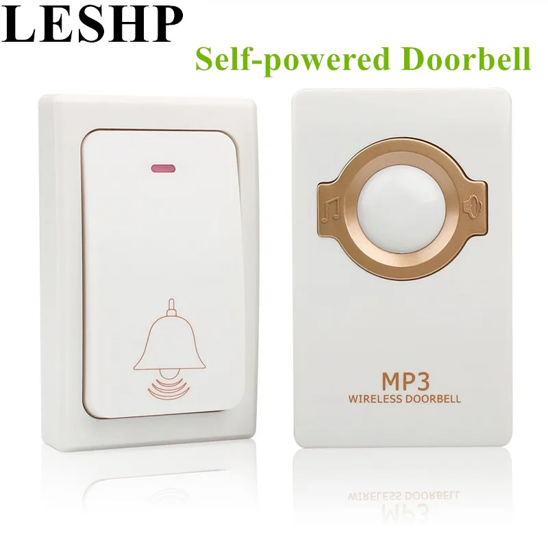 LESHP Self-powered Wireless Doorbell Remote Button and Receiver MP3 Operating up to 200m Waterproof Door bell for Home US Plug