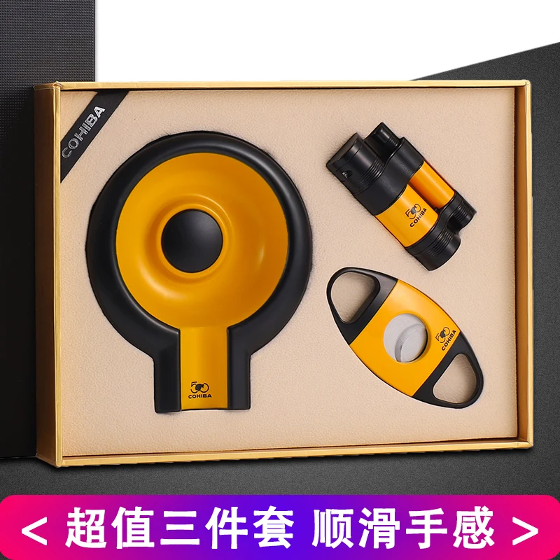 

COHIBA Cigar Suit 3 Pcs Stainless Steel Sharp Golden Cigar Cutter & Cigar Ashtray & Metal Windproof Flame Gas Cigar Lighter