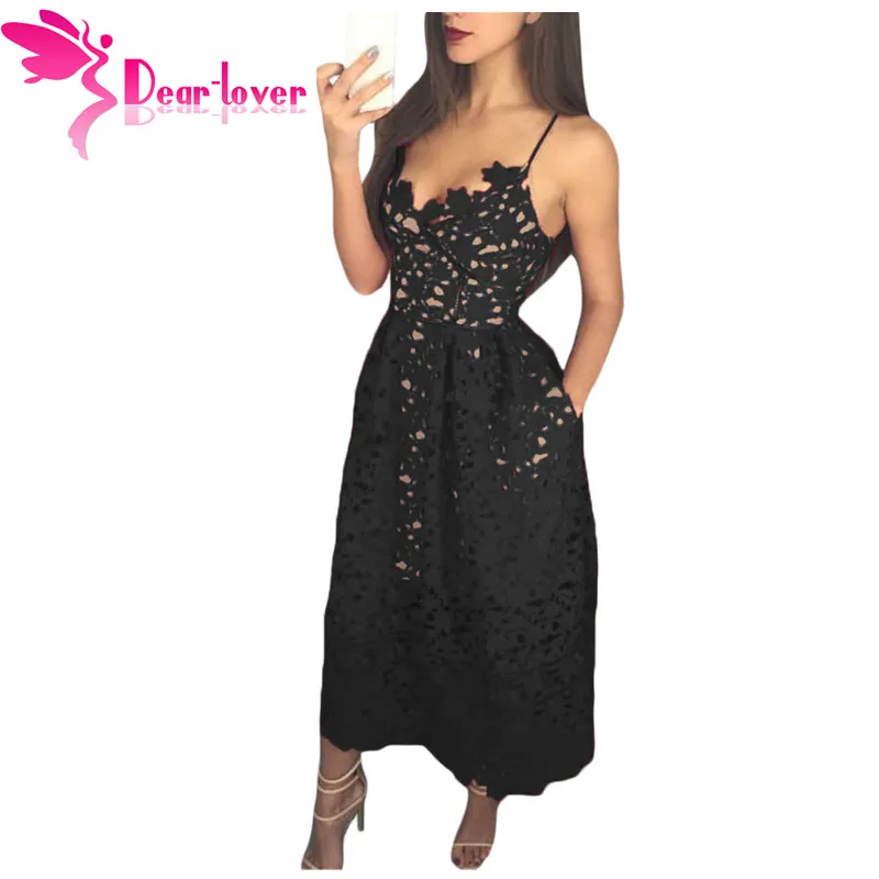 Dear Lover Party Dresses Womens Elegant Sexy spaghetti strap Lace Hollow Out Nude Illusion Mid-Calf Dress Vestido de Renda 61636