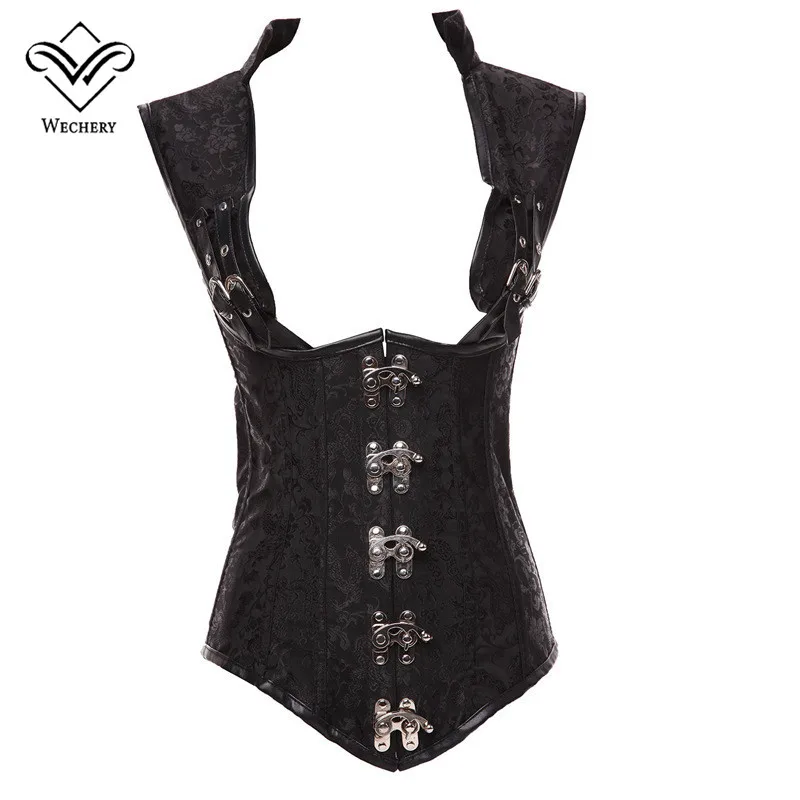 Skup Wechery czarny gorset Steampunk odzież kobiety brokat Gothic pełna stalowo usztywniane gorsety pod biustem gorset seksowna kamizelka gorset S 6XL