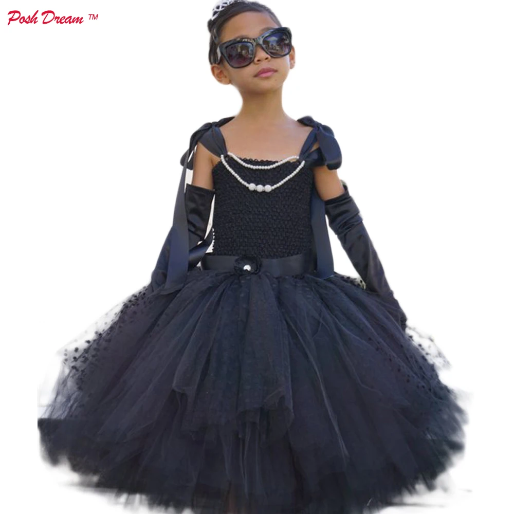 POSH DREAM Black Pearls Audrey Hepburn Cosplay Dress with Gloves Halloween Costume for Girls Tutu Dress Little Black Party Dress