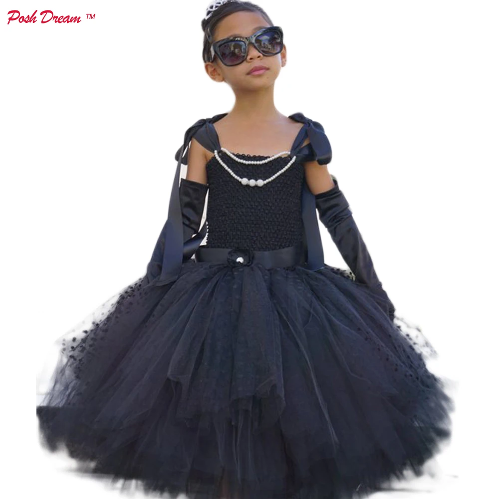 

POSH DREAM Black Pearls Audrey Hepburn Cosplay Dress with Gloves Halloween Costume for Girls Tutu Dress Little Black Party Dress