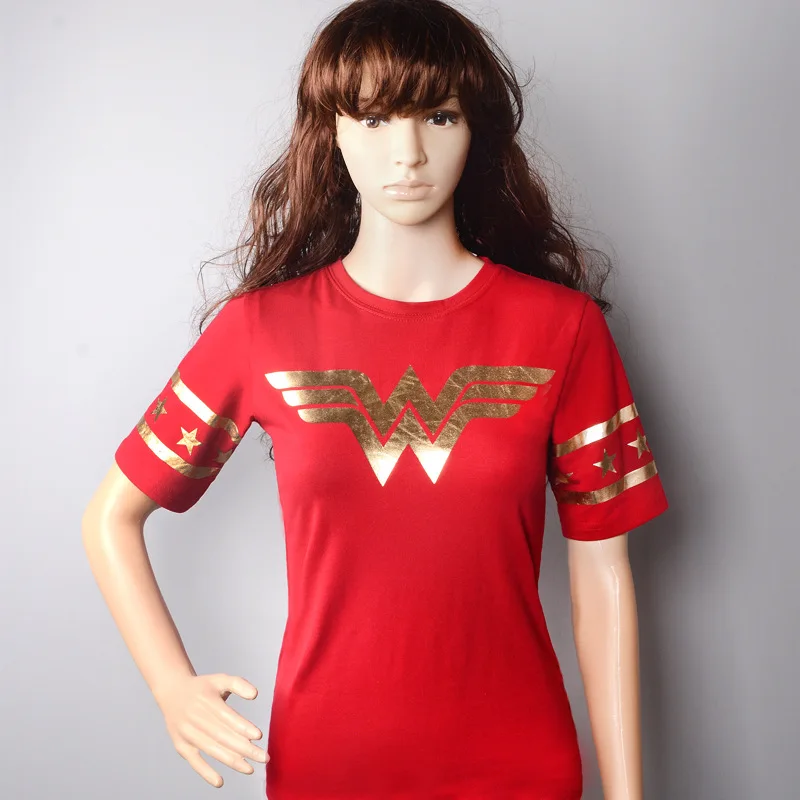 

New Arrival Movies Wonder Woman O-neck T-shirts Gold Foil Striped Sleeves Cotton Tops