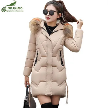 

plus size parkas down Cotton jacket female medium long New winter women's cotton coat Slim fur collar hooded padded warm outwear
