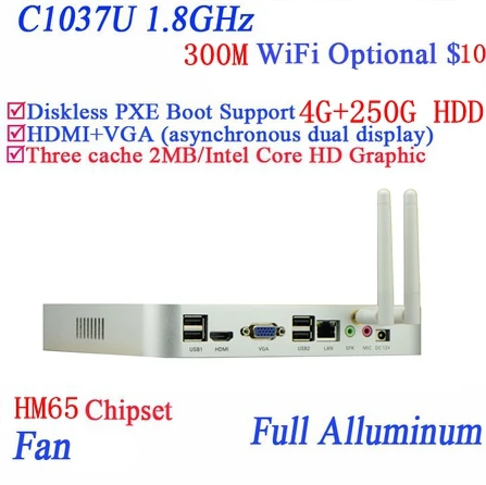 Власти фракция Celeron 1037u двухъядерный гостиная HTPC мини-ПК с USB * 4 HDMI RJ45 Полный алюминиевый 4 г оперативная память 250 г HDD