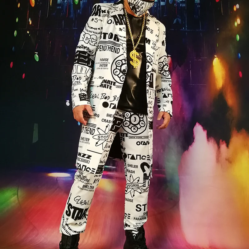 Костюмы на заказ, мужские Модные повседневные длинные блейзеры в стиле хип-хоп с граффити, мужские вечерние костюмы для выступлений певицы диджея