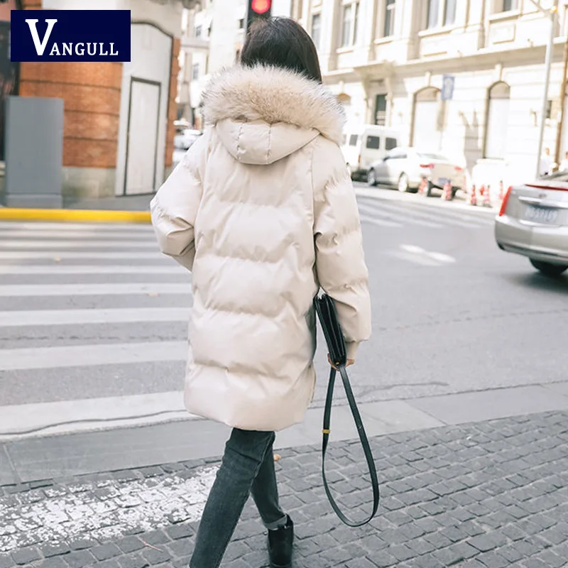 VANGULL Elegant Fur Collar Coat New Winter Thick Jacket Women Long Down cotton Parkas Female Warm Hooded Jacket Coat