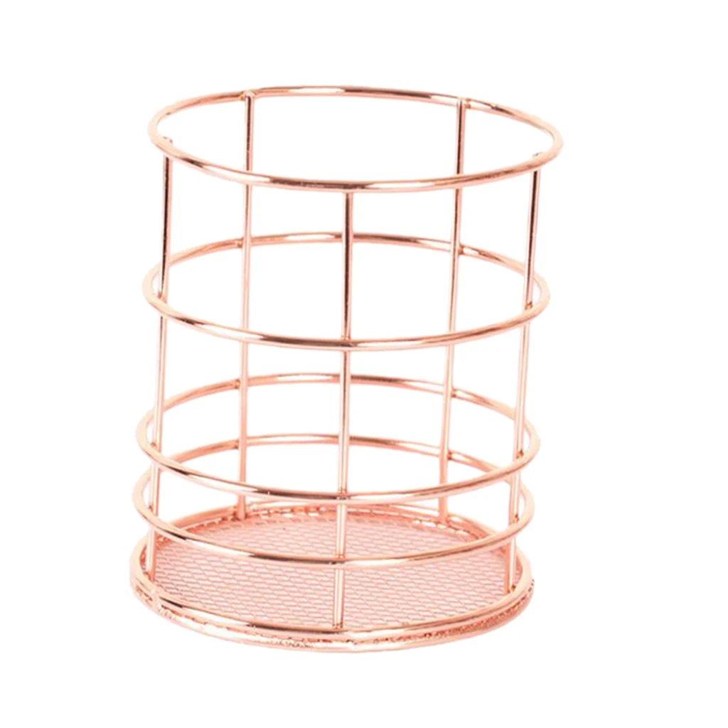 Rose Gold Metal Table Top Storage Basket Pen Holder Organizer Home