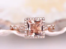 MYRAY 6.5mm Princess Cut Natural Pink Morganite Diamond Halo Vintage Marquise Engagement Ring Anniversary Rings Gift for Women