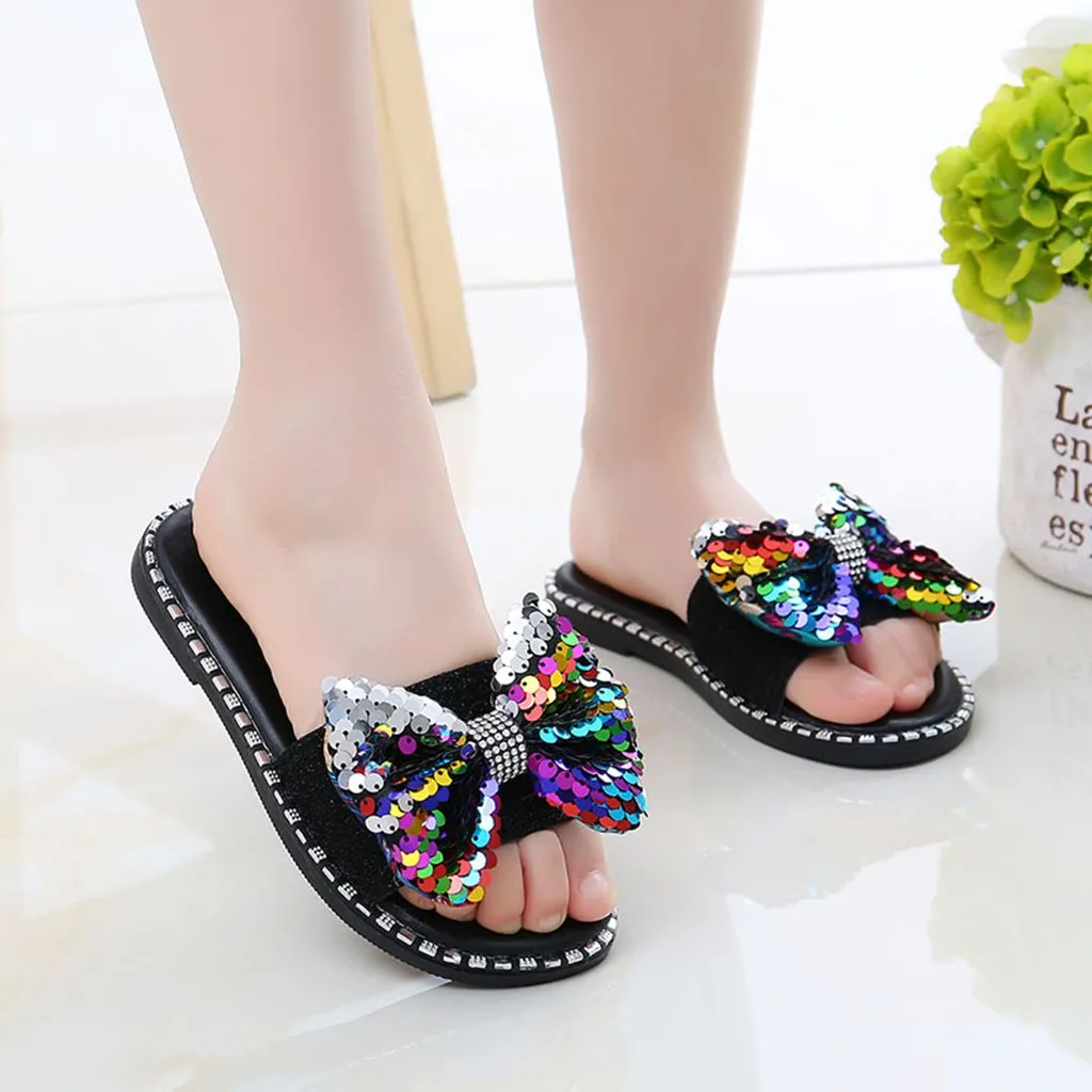 Zomer kinderen boog sandalen en тапочки Kinderen Детские meisjes шикарные блестки с хрустальными принтами тапочки Schoenen Sandalen