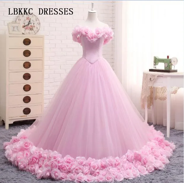 Розовое свадебное платье 2017 Бальные платья Элегантный Тюль Цветы Vestido De Novia пол