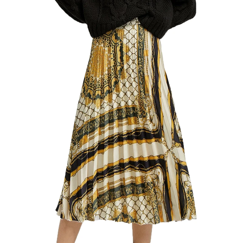 Лето повседневные длинные юбки женские трапециевидные плиссированные юбки с принтом женская одежда юбка с высокой талией