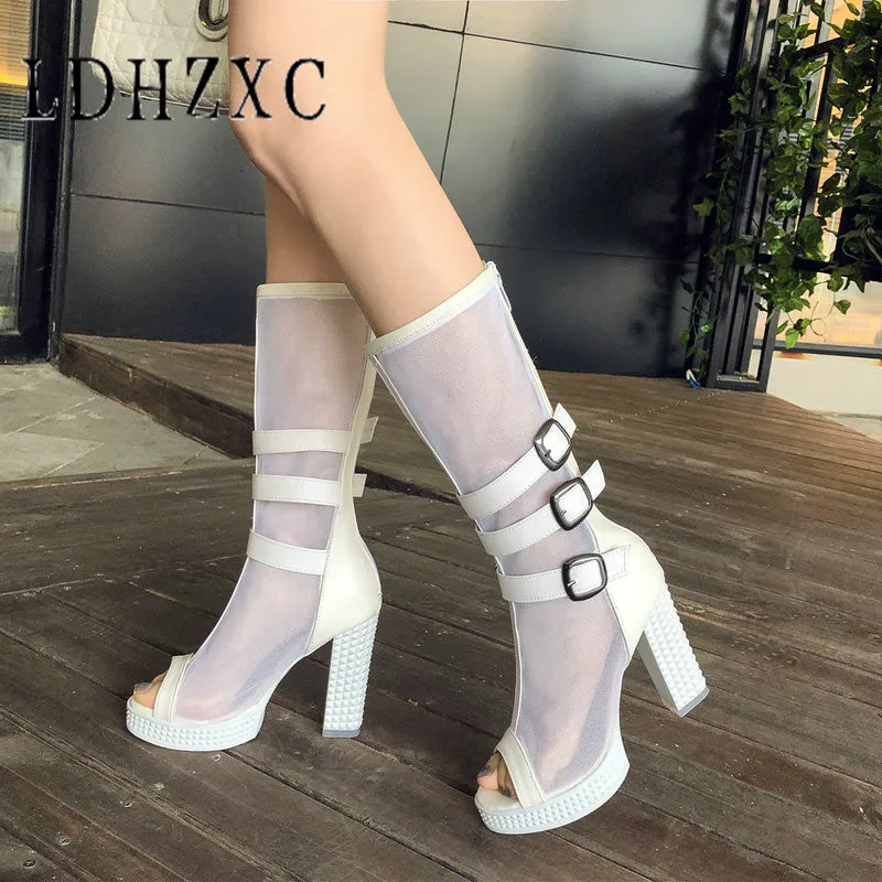 

LDHZXC Large Size 33-43 Peep Toe Summer Boots Woman Shoes High Heels New Fashion Summer Boots Female Shoes Woman Footwear