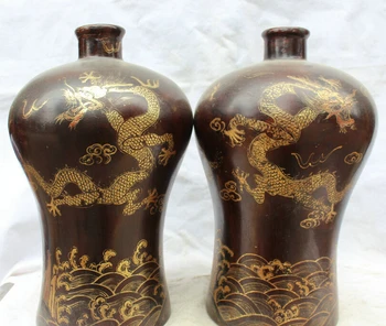 

song voge gem S2118 16" Chinese Dynasty palace lacquer dragon container flower Bottle Vase Pair