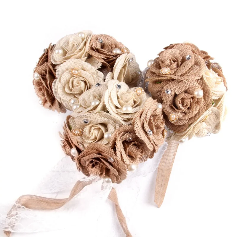 

New Burlap Wedding Bouquet Lace Pearl Bride Wedding Bouquet Romantic Wedding Accessories