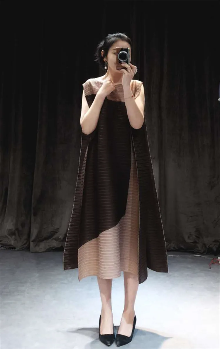 Miyake Fold/Новинка года; летнее платье высокого качества; шифоновое платье без рукавов со складками; платья больших размеров;