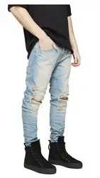 Горячая Мода Для мужчин s джинсы узкие стрейч состаренные джинсы Рваные Freyed Slim Fit джинсы брюки штаны-карандаш с отверстиями для мальчиков
