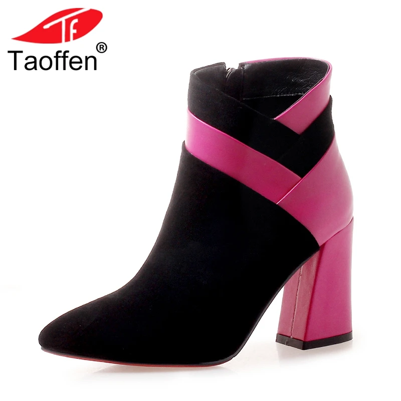 

TAOFFEN Sexy Women Genuine Leather High Heel Boots Mixed Color Zipper Striped Ankle Boots Warm Fur Winter Shoes Size 34-39