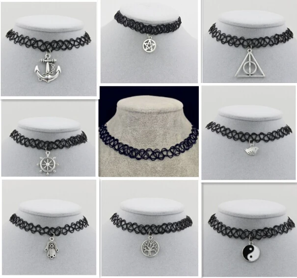 

Fishing Line weave tattoo choker necklace gift for women lovers' black choker necklace vintage Resin Silver gold Color Pendant
