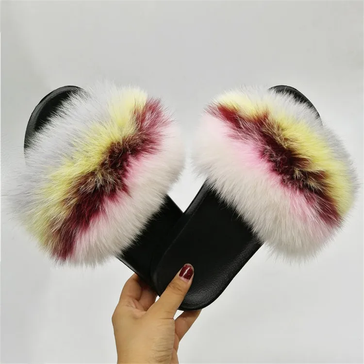 Women Fox Fur Slippers Real Fox Fur Slides Lovely Plush Slippers Woman Summer Home Sandals Women Fur Slides Furry Flip Flops Hot - Цвет: as pic shows 6