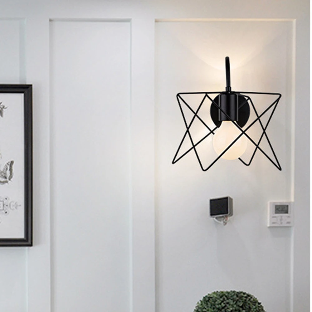 

Nordic Idyllic Wrought Iron Wall Lamp Industrial Modern Art Bedroom Bedside Light E27 No Bulb Paint Process Geometric Shade