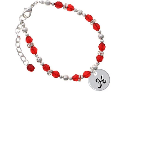 Silvertone Large Script Letter - H - 3/4'' Disc - Red Beaded Bracelet