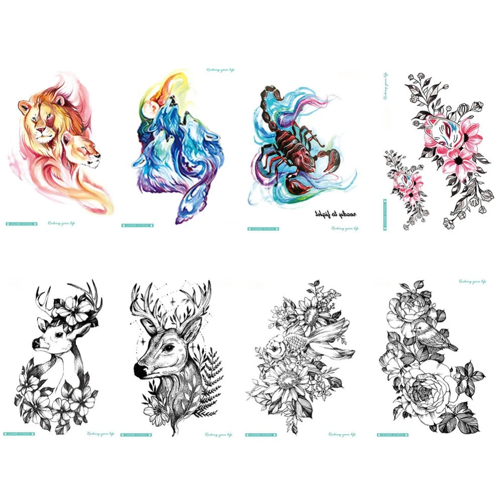 1 ピース水彩描画防水タトゥー赤ライオンズ青狼黒羊の花の一時的なボディアート 55 Temporary Tattoos Aliexpress