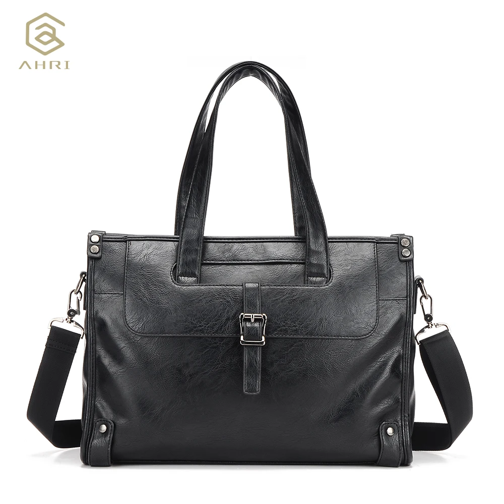 ФОТО AHRI Men Solid Shoulder Men's Casual Tote Bag Vintage Business Top handle Bag Fashion For Men Handbag Luxury PU Leather Man Bag