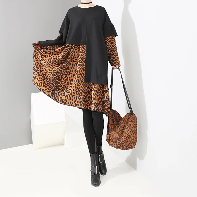 Hongsonghan 2018 new large-size leopard-print long-sleeved round-neck dress with irregular stitched in autumn winter tops tide Hongsonghan 2018 new large-size leopard-print long-sleeved round-neck dress with irregular stitched in autumn winter tops tide