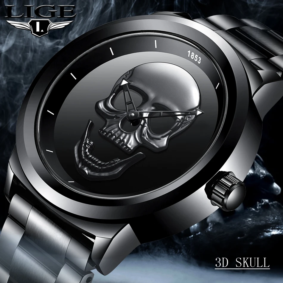 2020 Cool Punk 3D Skull Men Watch Brand LIGE Luxury Steel Quartz Men Watches Waterproof Retro Fashion Gold Black Clock Relogio