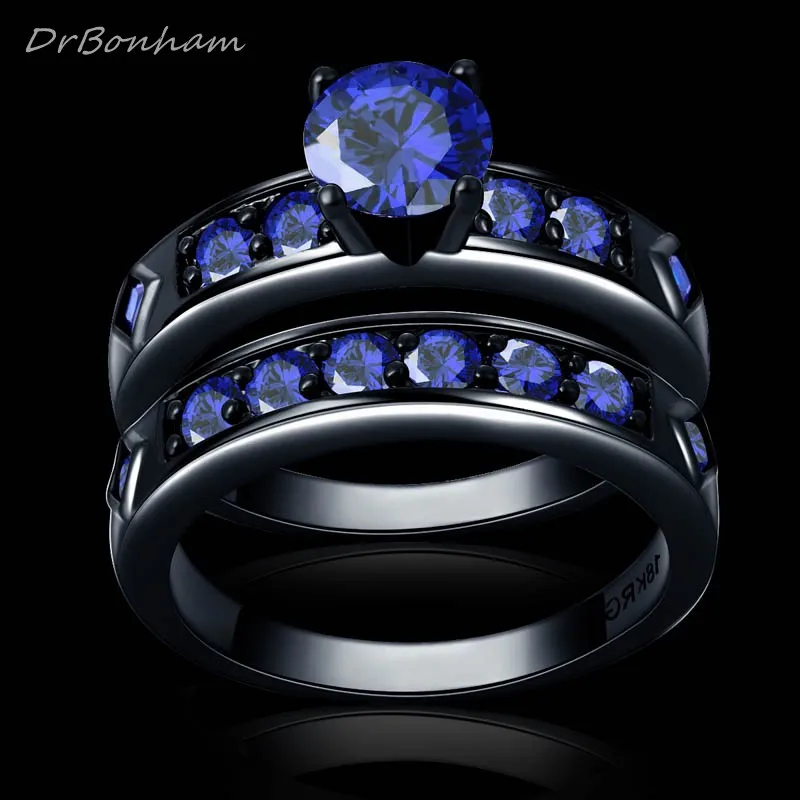 DrBonham Never fade shiny blue Cubic Zircon Engagement couple Rings Sets black Gold filled Wedding alliance For Women DR1708
