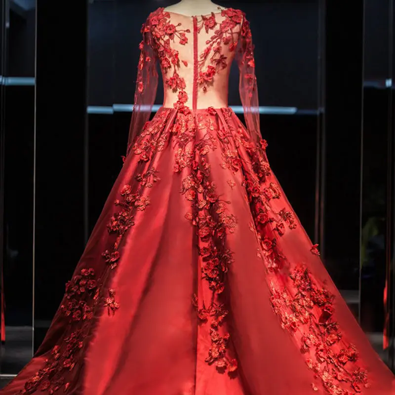 Новое красное 3d цветочное кружевное Пышное вечернее платье с аппликацией 2019, роскошное вечерное платье с длинным рукавом и глубоким