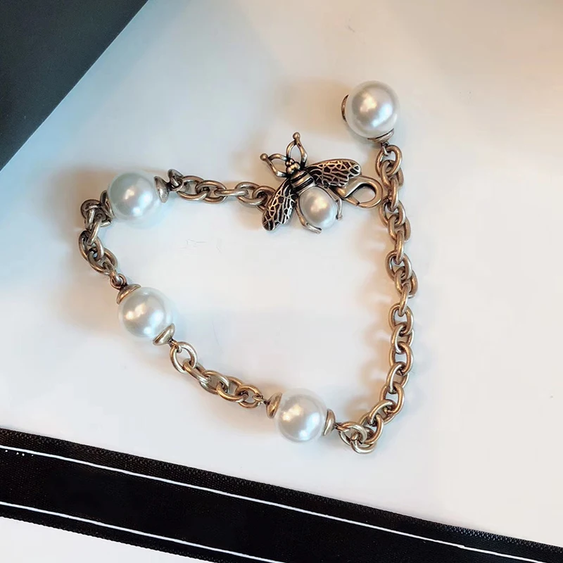 

Brand Vintage Color Fashion Jewelry For Women Copper Chain Pearl Bee Bracelet Fashion Praty Jewelry Simulated-pearl Bracelet