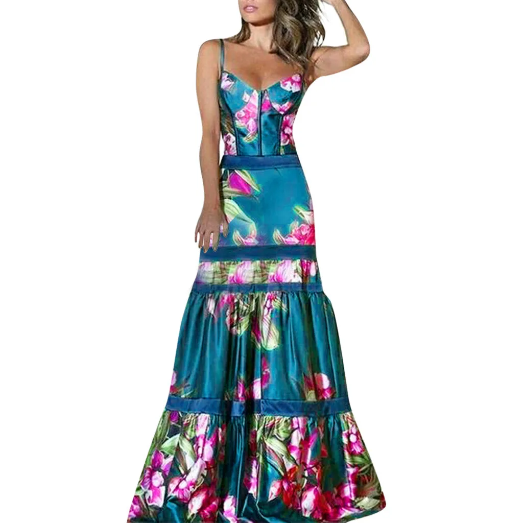 

Women Maxi Dress 2019 Sexy Print Floral dress Women Elegant V-neck Sleeveless Swing party Maxi Dresses Club Dress vestidos