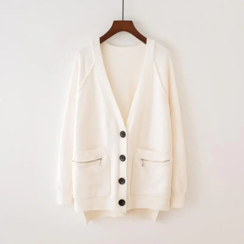 LM19131 Beige Женский кардиган с молнией на карманах H.SA, повседневные джемперы с глубоким V-образным вырезом, трикотажные джемперы с пуговицами, бежевый свитер оверсайз - Цвет: LM19131 Beige