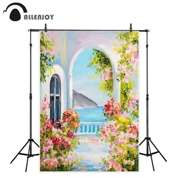 

Allenjoy photography backdrop oil painting house flower sea summer greek background photocall photobooth studio photographer