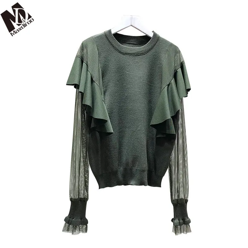 MAXDIROO Women Sexy Lace Ruffles Patchwork Pullover And Sweater Female Fashion Jumper Top Sueter Mujer See Through Sleeve | Женская