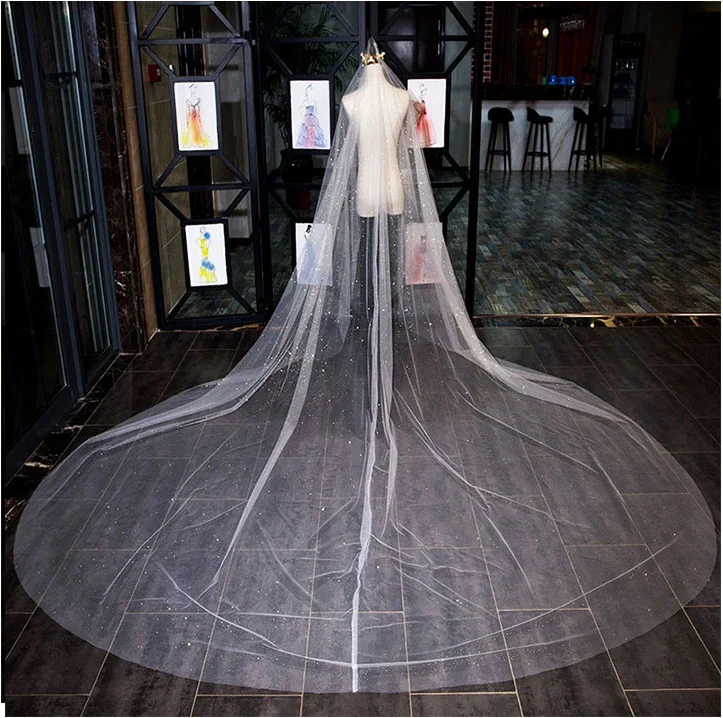 Velo bulingbuling brillante cola larga de oro novias de boda lujo velo de boda blanco capilla tren largo ropa de novia - 2
