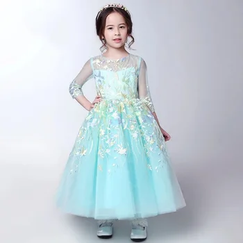 

2018 Appliques Dresses Girls First Communion Birthday Wedding Party Elegant Long Dresses Kids Ball Gown Princess Mesh Dress E145