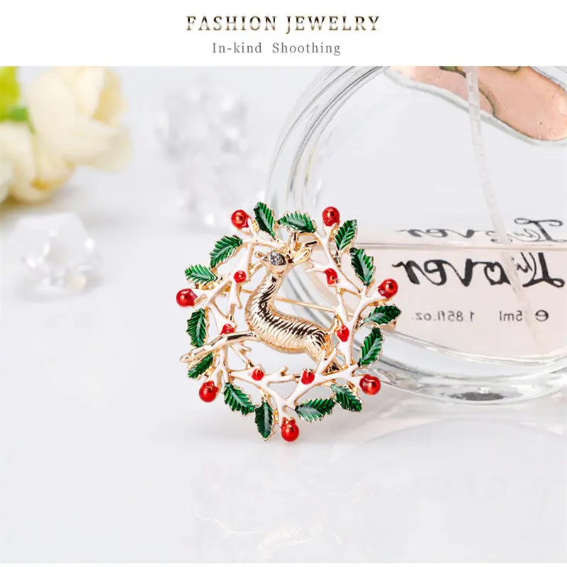 Мода Rhinestone инкрустированные с золотым оленем металлические броши красный цветок с зеленым листком с эмалевым покрытием броши