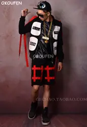 Модные Для мужчин с красной лентой коллаж в стиле хип-хоп бейсбольная куртка личность черный лоскутное пальто ночной клуб бар певица DJ