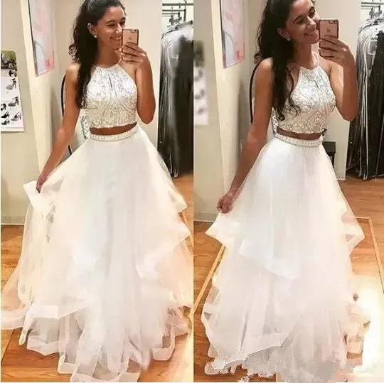 

White Two Pieces Prom Dresses 2019 Halter Neck Long Tulle Crystal Beads 2 Pieces Open Back Party Dress Evening Gowns
