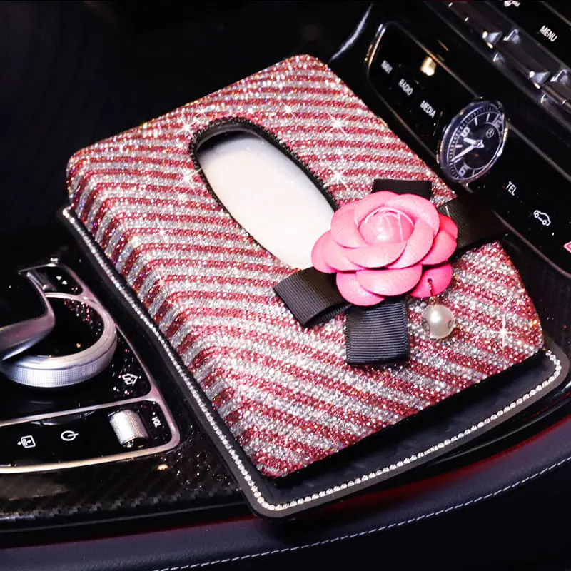 Полосатый автомобиль коробка ткани Diamond Crystal Авто роскошные ткани держатель Блок-коробка ткани типа стайлинга автомобилей камелии Diamante Обложка - Название цвета: pink box with mat