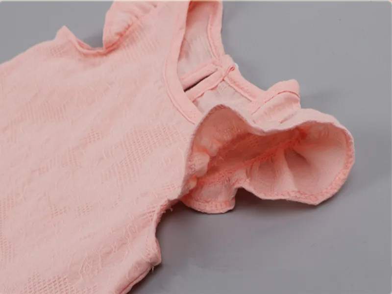 Ruffle Sleeve Lace Flowers Summer Kids Girl Blouses Tops Slub Cotton Baby Shirts for Children Clothing Girls Shirts Dress
