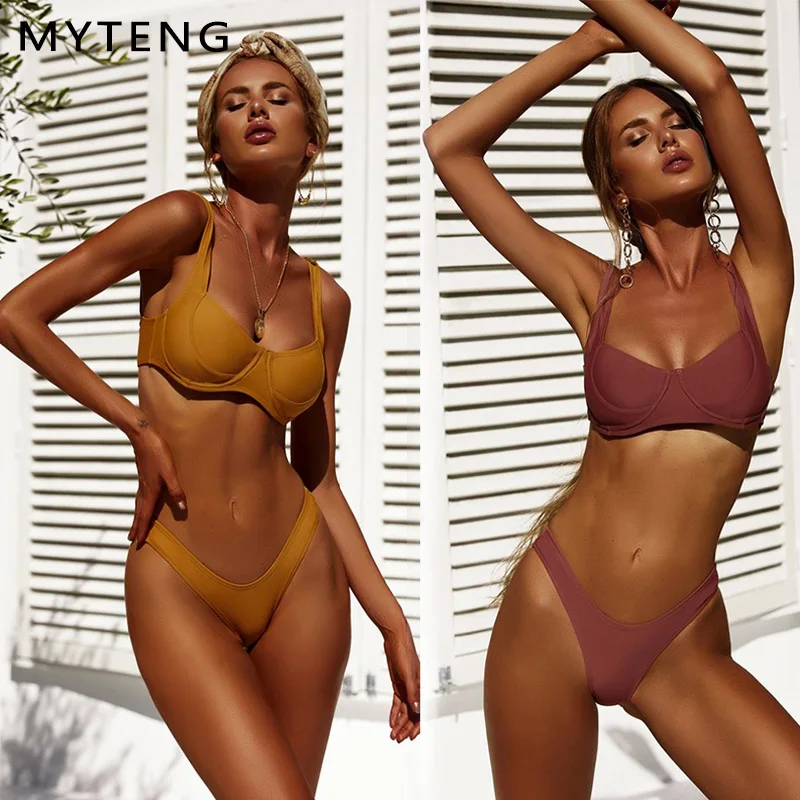 

2019 New solid Bikini Swimsuit bandeau Swimwear Women Sexy Push-Up Bikini set High Leg Brazilian Bathing suit Thong Biquini XL
