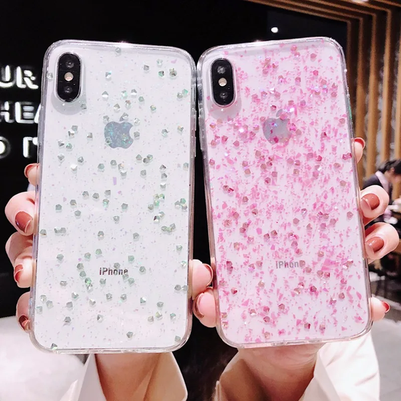 

Transparent Epoxy Flash Diamond Phone Case for iPhone XS Max XS XR X All Inclusive Drop Silicone Soft Cover 6 6S 7 8 Plus