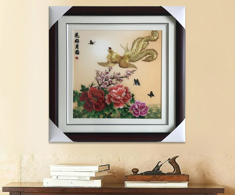 

Handmade 100% Mulberry Silk Thread Finished Suzhou Embroidery not include frame ,Phoenix peony 35*35cm