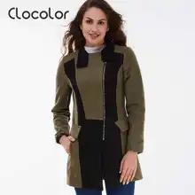 Clocolor Slim Wool Coat Female Army Green Turn Down Collar Zipper Up Patchwork Women Jacket Autumn Winter Wool Coat Female