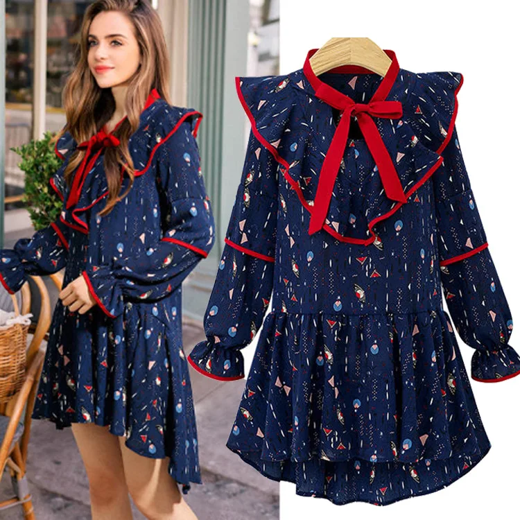 

Women Print Chiffon Long Sleeve Dress Ruffle Edge Loose A-line Vintage Dress Spring Autumn New Arrival Big Size Hot Sale