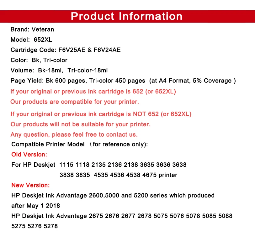 Ветеран 652XL 652 сменный картридж для принтера для hp 652 XL для hp Deskjet 1115 1118 2135 2136 2138 3635 3636 3835 4535 2675 2676